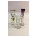 Crystal Vase, 2 Hand Painted Vases
