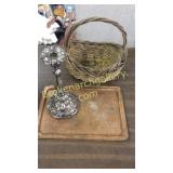 Copper Tray, Plated Candlestick, Basket