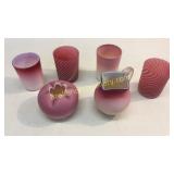 4 Satin Glass Tumblers, Pitcher, Rose Bowl