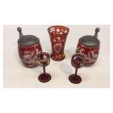 5 Pieces Etched Ruby Glass