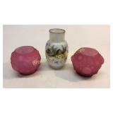 Pair Satin Glass Rose Bowls, Bristol Glass Vase