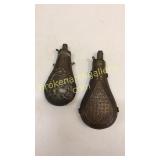 2 Embossed Black Powder Flasks