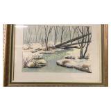 Watercolor Snowy Creek in Forest