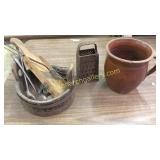 Red Ware Pot, Bucket of Kitchen Utensils