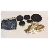 Asian Stands, MotherPearl Fan, Tapestry Bag