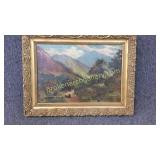 Oil on Canvas, Mountain Landscape w/Cattle