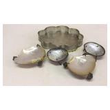4 Abalone Shell Dishes, Silver Tray