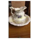 Wash Bowl & Pitcher, 3 Brass Candlesticks