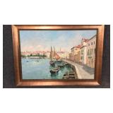 Oil on Canvas, Mediterranean Village, Boats