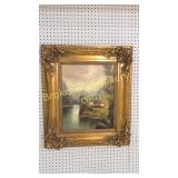 Oil on Canvas Mountain Cottage, River Scene