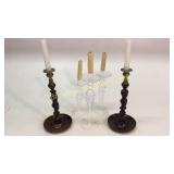 3 Hand Blown, Pair Barley Twist Candleholders