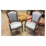 Pair Walnut Upholstered Open Armchairs