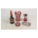5 Pieces Bohemian Cut Cranberry Glass