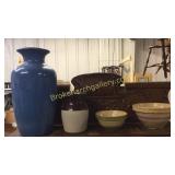 2 Yelloware Bowls, Buttermilk Pitcher, Floor Vase