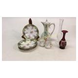 4 Limoge Plates, Waterford Vase, Chocolate Pot