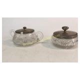 2 Cut Glass Jam Pots, Sterling Lids