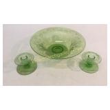 Etched Glass Center Bowl, Pair Candleholders