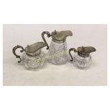 3 Brilliant Cut Glass Syrups, Sterling Tops