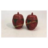 Pair Cinnabar over Cloisonné Lidded Urns
