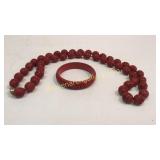Cinnabar Carved Necklace and Bracelet
