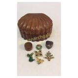 Leather Covered Jewelry Box, Group Pins