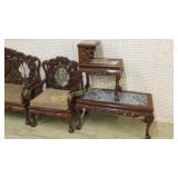 Hghly Carved Asian Armchair & 2 Assorted Tables