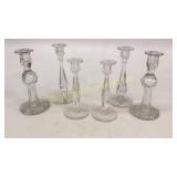 3 Pair Cut and Etched Glass Candlesticks