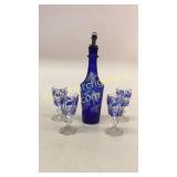 Cobalt Cut Decanter, 4 Brilliant Cut Stems
