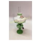 Green Glass Oil Lamp, Hand Painted Shade