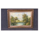Oil on Canvas, Cottage and Lake Scene