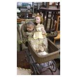 Vintage Doll Cradle & 2 Dolls