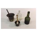 2 Morter and Pestle, 2 Vintage Bottles