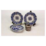 2 Flow Blue Plates, Asian Bowl, Ginger Jar