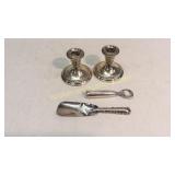 Pair Sterling Candlesticks, Shoe Horn, Bottle