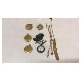 2 Ladies Lapel Watches, Watch Chains, Lockets
