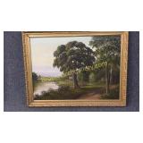 Oil on Canvas, Lake Scene/Red Barn