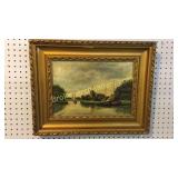 Oil on Canvas, Windmill and Boats