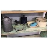 8 Pieces Tinware, Graniteware, Cast