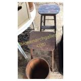 Nail Keg, 2 Folding Stools, Group of Fire Tools