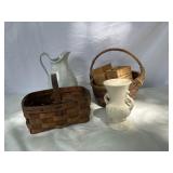 Primitive baskets, ironstone China, USA planter