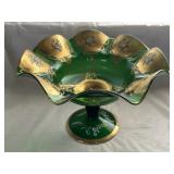 GOLD FILIGREE Painted EMERALD COMPOTE DISH