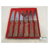 6 French wooden handled steak knives w/ box