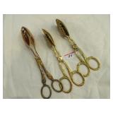 3 pairs brass hinged salad tongs