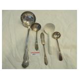 Silverplate ladles, butter knife, ceramic ladle