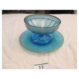 Blue stretch glass compote with underplate