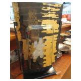 Black and Gold art glass panel on wooden stand Black and Gold art glass panel on wooden stand