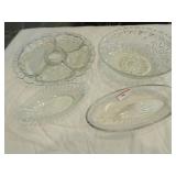 4 pressed glass serving pieces: relish, salad 4 pressed glass serving pieces: relish, salad