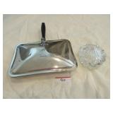 Stainless silent butler, pressed glass covered Stainless silent butler, pressed glass covered