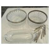 2 pressed glass salad bowls, relish tray, nut pick