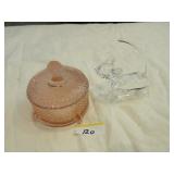 Pink Depression glass covered dresser jar, crystal